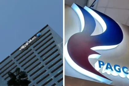 Split image: left side shows a modern glass office tower against a blue sky with a logo at the top corner; right side shows a large circular logo with blue and red swooshes and the word PAGCOR.