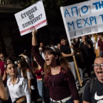 Students marching in a protest in Athens, Greece