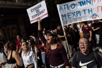 Students marching in a protest in Athens, Greece