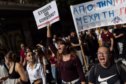 Students marching in a protest in Athens, Greece