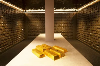 Gold bars displayed inside a secure vault storage facility