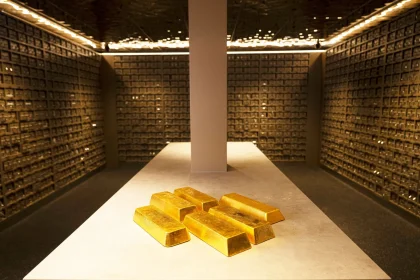 Gold bars displayed inside a secure vault storage facility