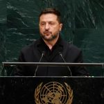Ukrainian President Volodymyr Zelensky speaking at the United Nations