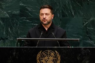 Ukrainian President Volodymyr Zelensky speaking at the United Nations