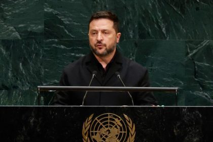 Ukrainian President Volodymyr Zelensky speaking at the United Nations