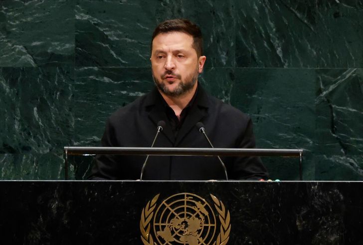 Ukrainian President Volodymyr Zelensky speaking at the United Nations